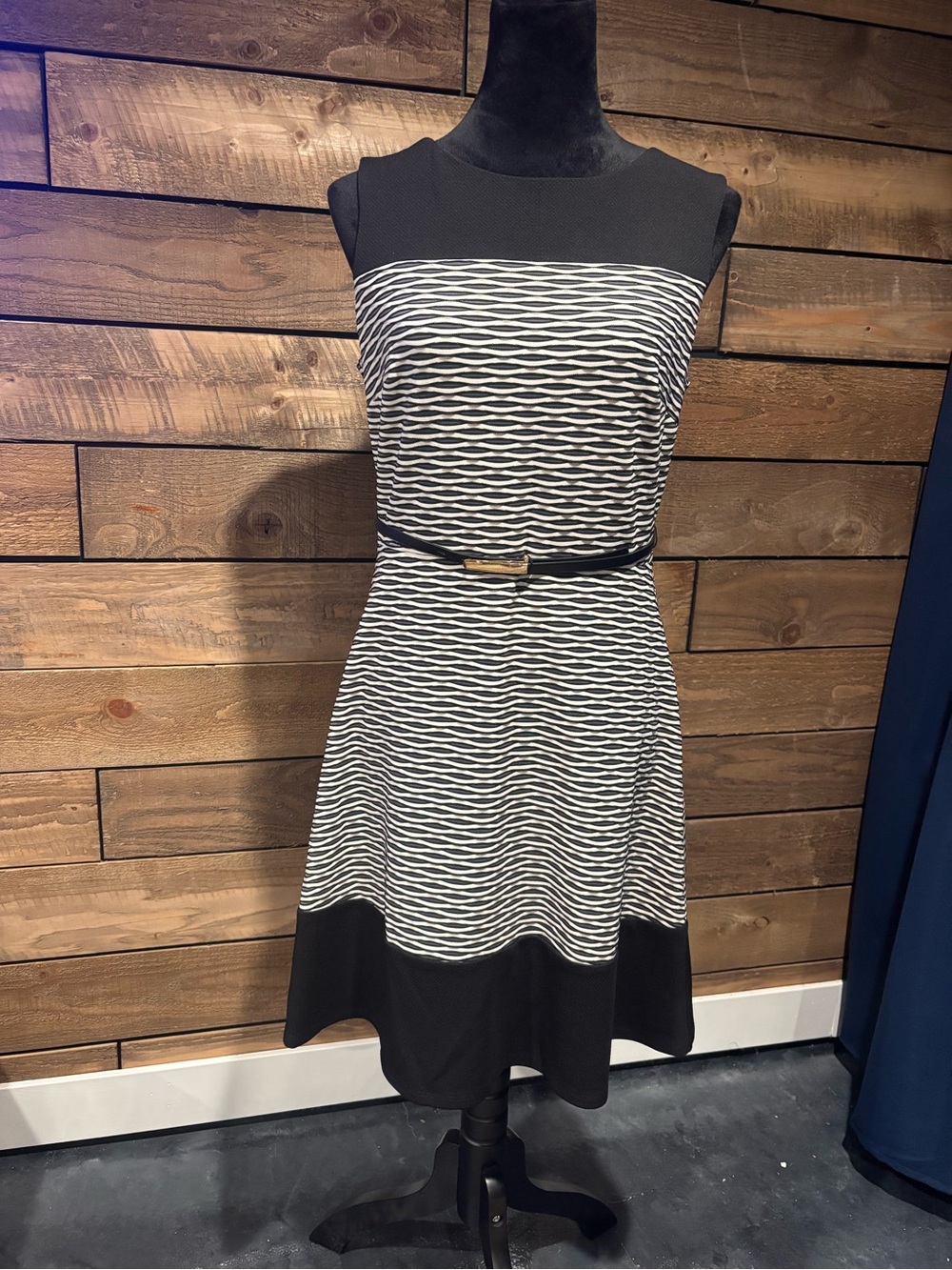Roz & Ali Black and White Sleeveless Fit-and-Flare Midi Dress